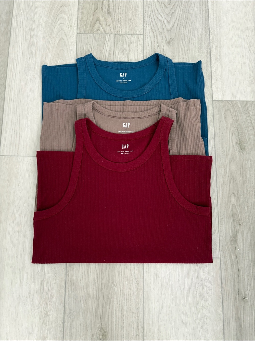 Bundle of three GAP Tank Tops in Deep Red Blue & Taupe